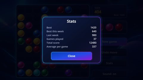 The statistics panel with best score and games played