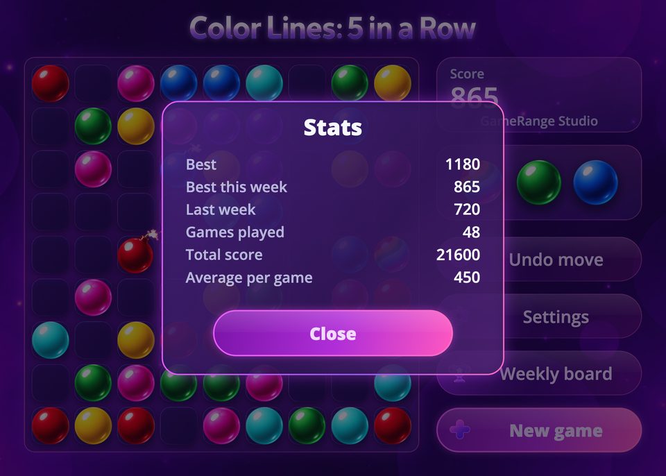 The statistics panel with best score and games played
